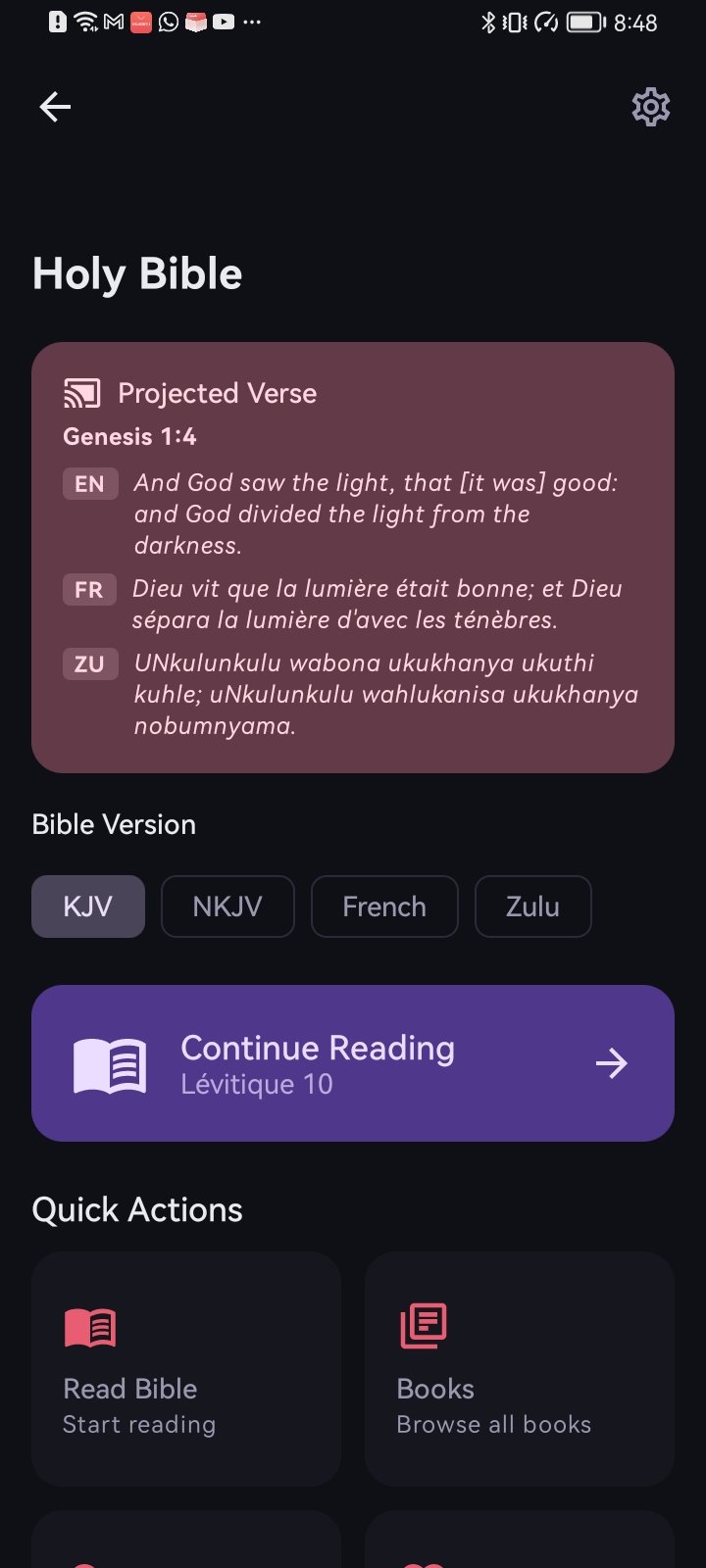 Bible projected verse in English, French and Zulu