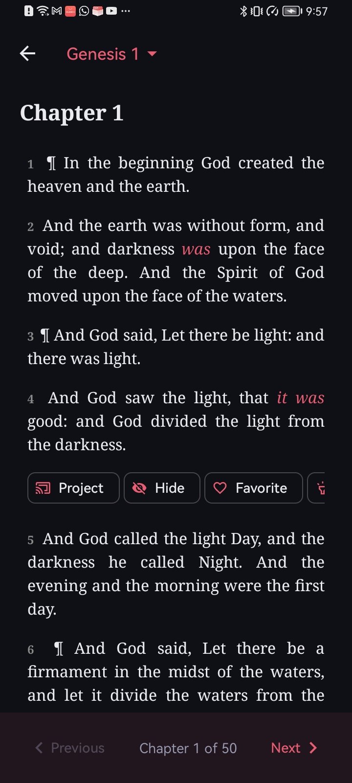 Reading Genesis Chapter 1 with project and favourite buttons